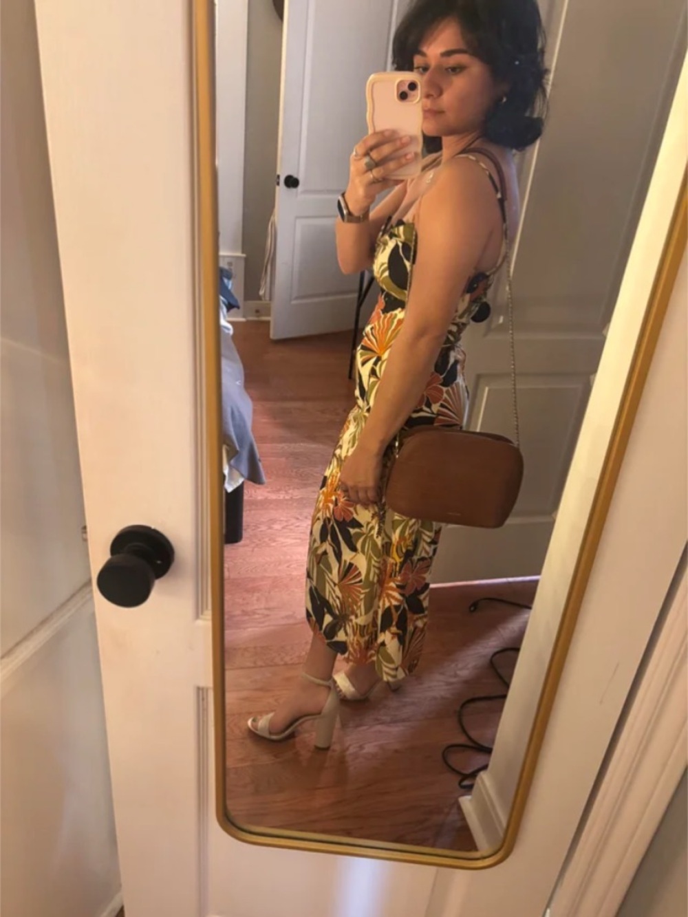 Sz M Junior’s ROW A Scalloped Palm Tree Printed Slip Midi Dress In Brown EUC - Picture 7 of 7